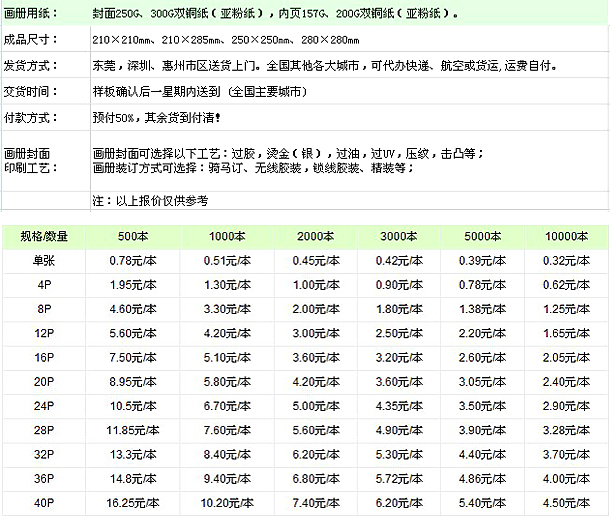 東莞畫冊印刷報價表